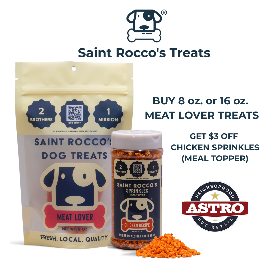 The Saint Rocco's Promise: 
7 Simple Ingredients. 
70% Animal Protein. 
Hand Crafted Baking Process. 
Soft Texture - Can be torn completely crumb free
Customizable to ANY Size or Breed