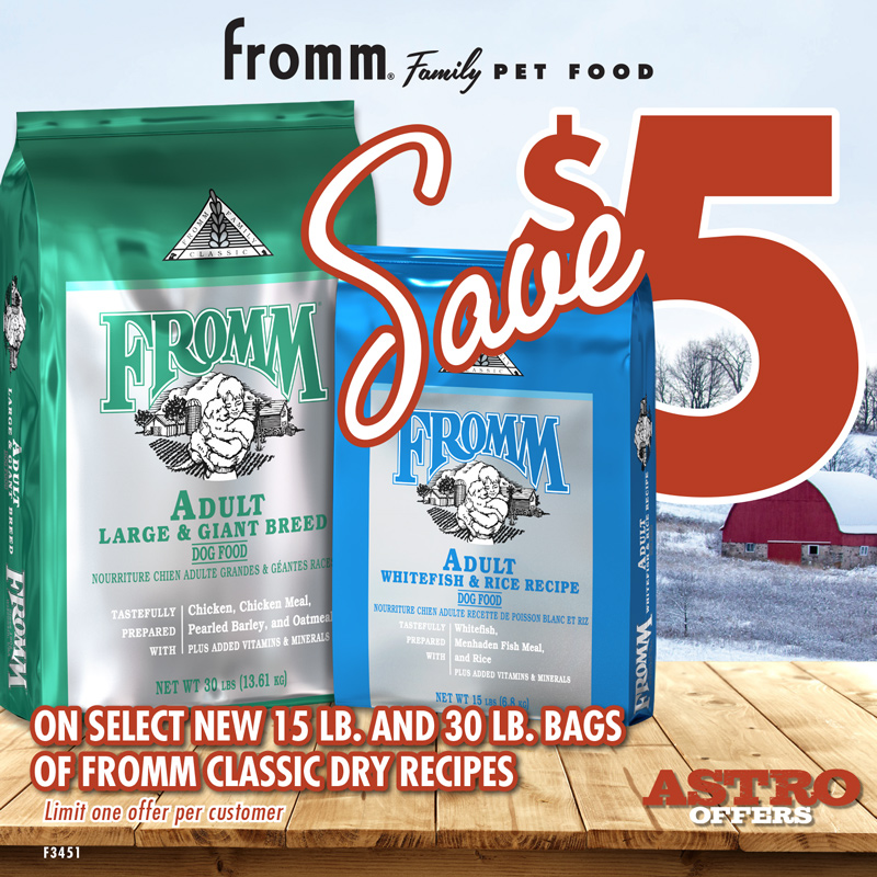 Fromm Family Classic recipes, based on our original Fromm Family Recipe from 1949, now include a fish-based recipe and a recipe tailored to the largest of our canine friends.