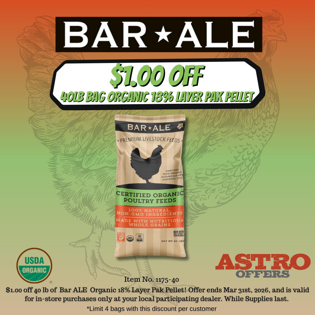 Bar ALE | $1.00 OFF 40lb Bar ALE Organic 18% Layer Pak Pellet