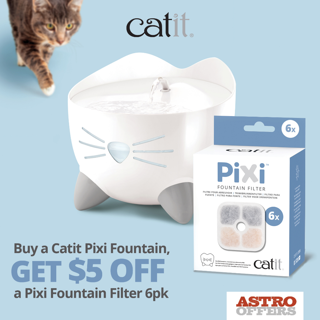 Keep your cat healthy and hydrated with the Catit PIXI Fountain this summer! Valid on all PIXI fountain models.
