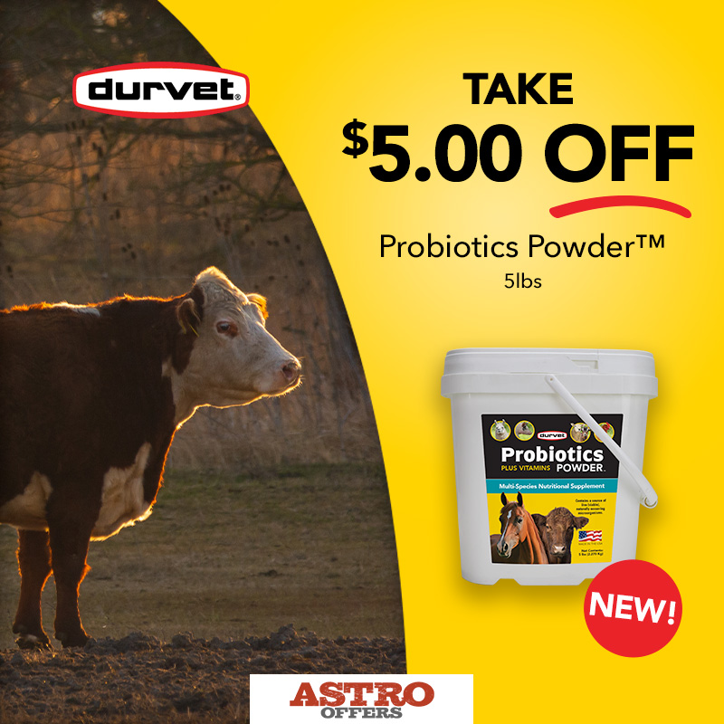 Support normal digestion and overall health with Durvet's Probiotics Powder, featuring direct-fed microbials, vitamins, and prebiotic inulin.