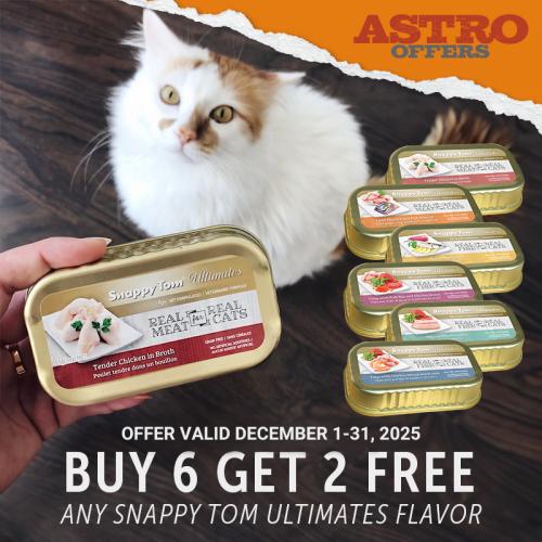 Snappy Tom Ultimate's are made with lean seafood and chicken proteins. Eight of the best formulas cats love and owners buy. The formulas are made to support lean muscle growth.   