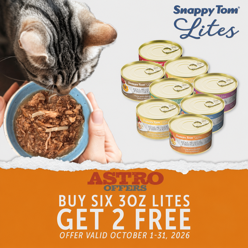 Snappy Tom Lites are made with real seafood proteins and cage-free chickens. Our formulas are grain-free and have added taurine. We have no artificial colors, ingredients, or by-products.  