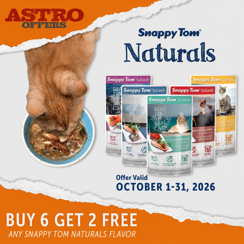 Snappy Tom Naturals are made with real seafood proteins and added taurine. The formulas contain no artificial ingredients, colors, or by-products. 