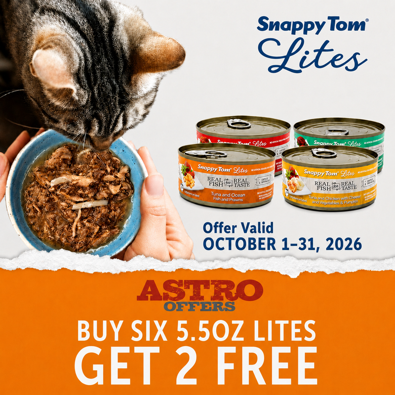 Snappy Tom Lites are made with real seafood proteins and cage-free chickens. All-natural, grain-free, and with added taurine. Our formulas have no artificial colors, ingredients, or by-products.   