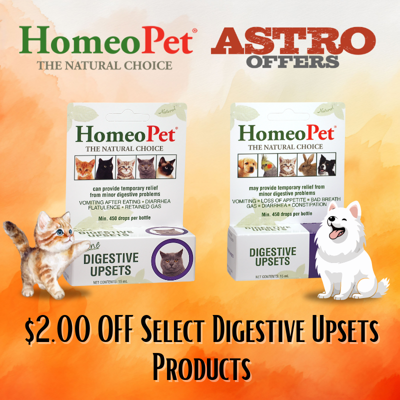 Natural pet digestive support. HomeoPet Digestive Upsets medicine may help provide temporary relief from digestive issues in pets. This easy to dose pet medicine may help reduce discomfort 