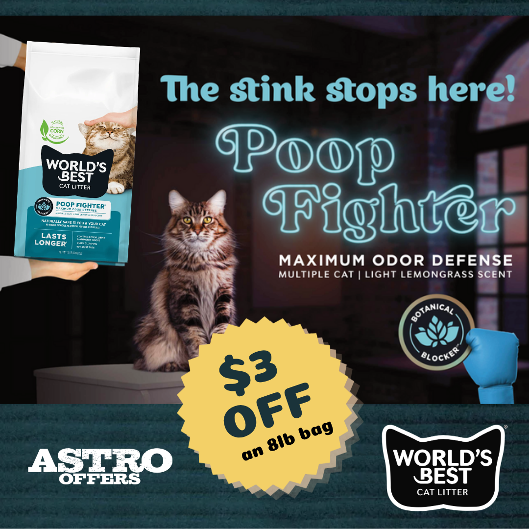 World's Best Cat Litter Poop Fighter Maximum Odor Defense is the first natural and sustainable cat litter designed to eliminate poop stink with a dual-action Botanical Blocker, not just mask it. 