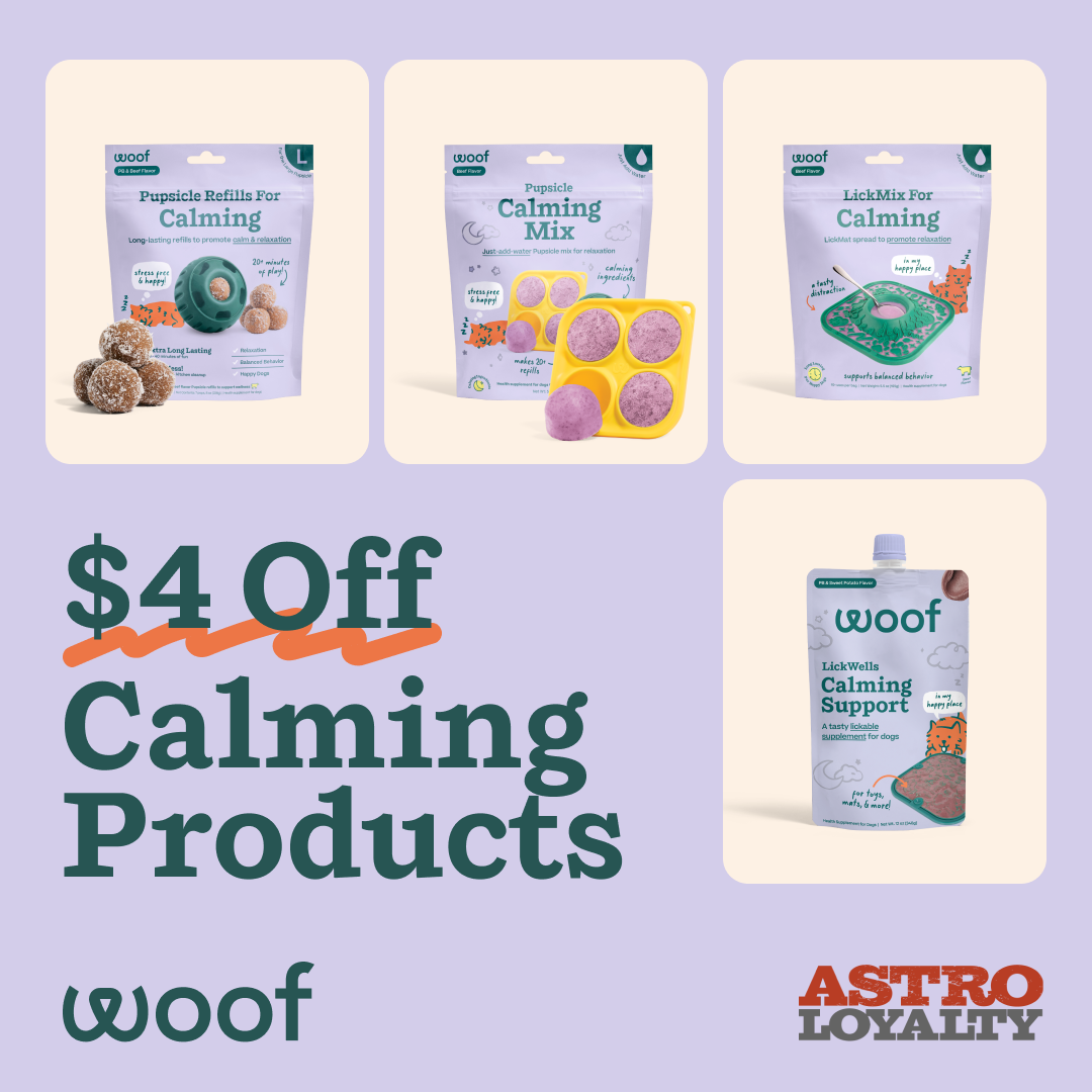 Help cope with stress from thunderstorms, fireworks, and travel days this summer with Woof Calming Wellness products. With key ingredients like Passion Flower, Magnesium, L-Tryptophan, GABA, Chamomile