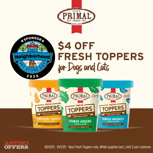 Save on Neighborhood Pet Store Day! Fresh Toppers are aromatic whole-food toppers with specialized, functional ingredients targeted towards digestion, immunity, or joint health!