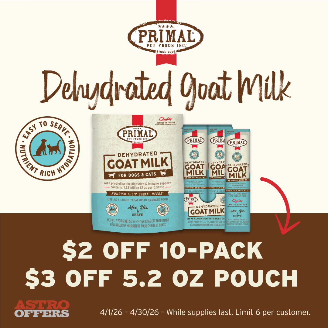 Primal Dehydrated Goat Milk is a nutrient rich way to add vital moisture to your pet's diet. Sourced from certified humanely raised goats and contains probiotics for digestive and immune support. 