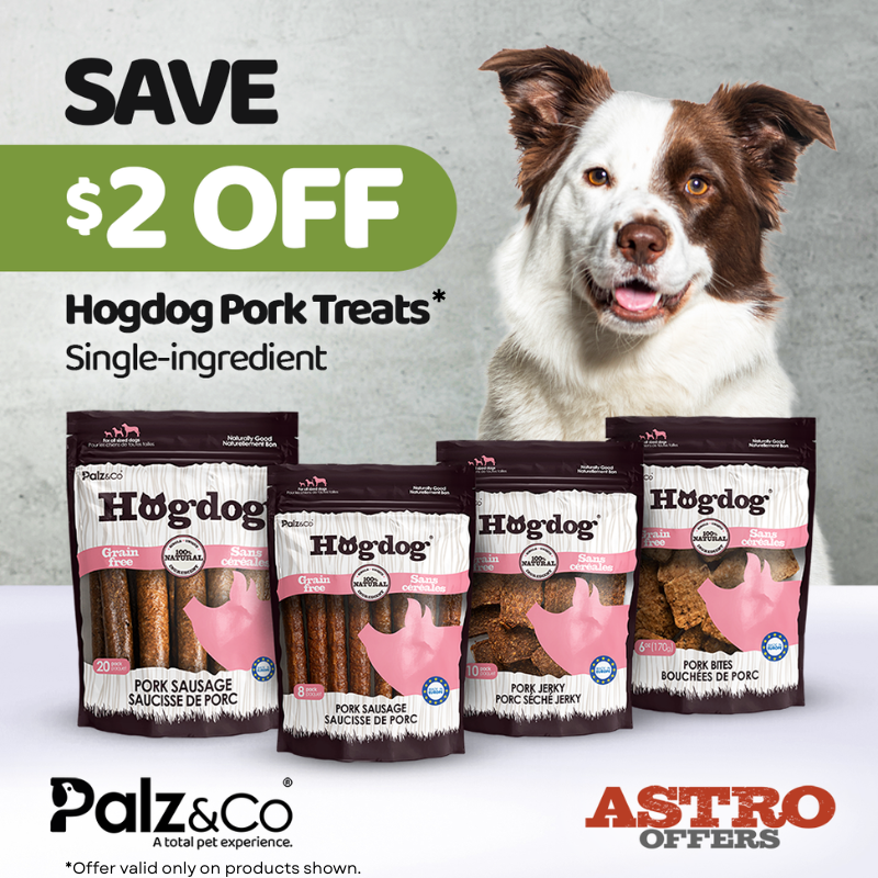 Palz&Co Hogdog treats are single-ingredient pork options available in Pork Bites, Pork Sausage, and Pork Jerky.