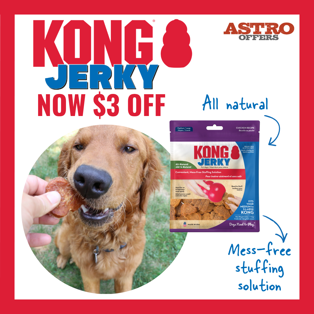 KONG Jerky provides a chewy, tasty reward while acting as a substantial snack in between meals. KONG Jerky is made with no artificial colors or flavors. Grain and gluten free. Made in the USA.