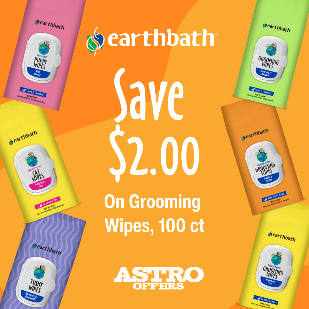 Keep your fur-baby fresh between baths! earthbath's plant-based wipes easily clean away dirt, dander, and odors. Infused with natural ingredients, they're perfect for daily paw-to-tail touchups.