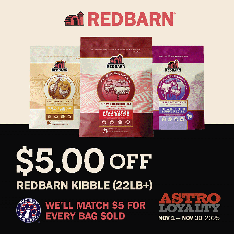 Redbarn Dry Dog food has 5 animal protein ingredients and is available in both Grain Free or Whole Grain formulas.