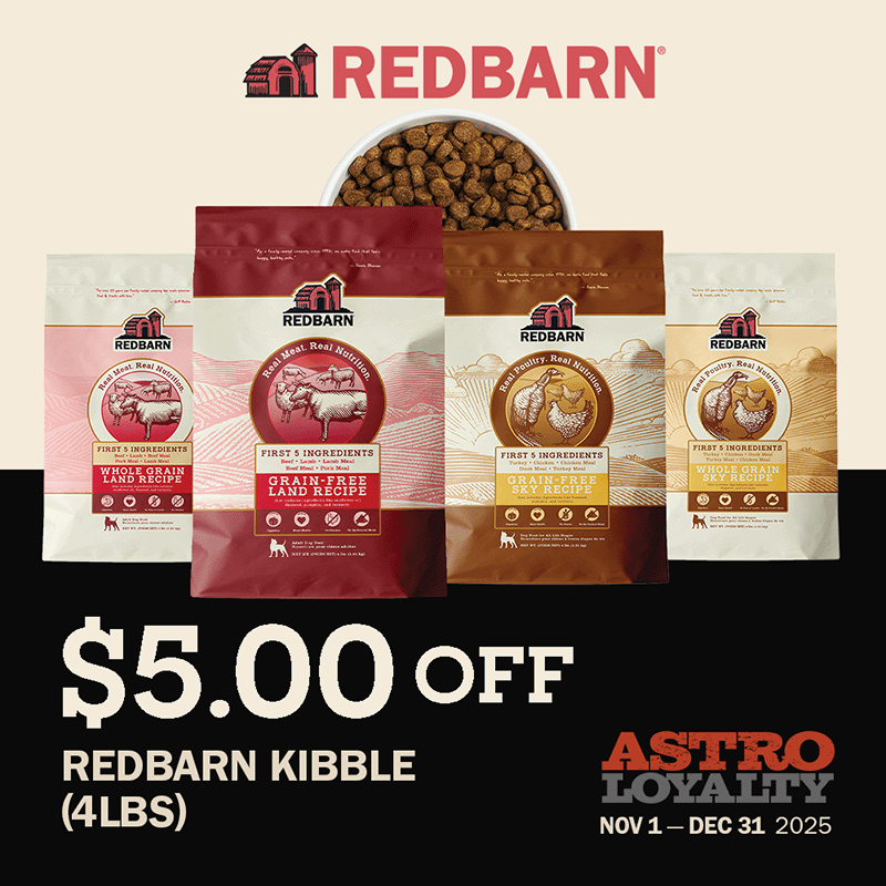 Redbarn Dry Dog food has 5 animal protein ingredients and is available in both Grain Free or Whole Grain formulas.