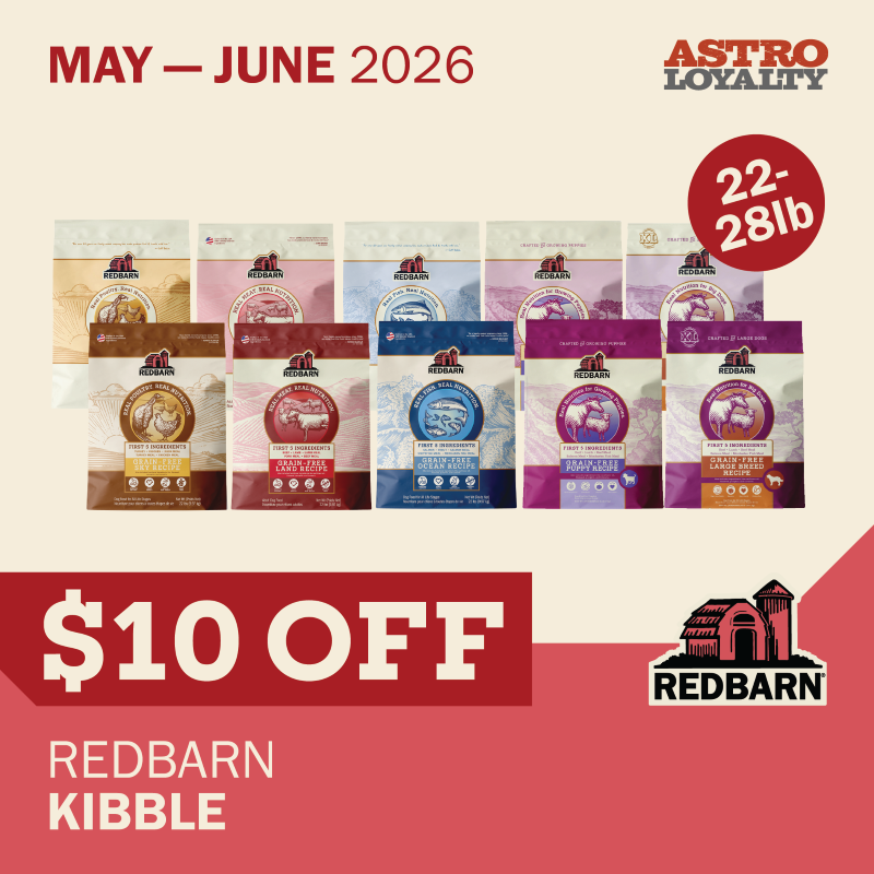Redbarn Dry Dog food has 5 animal protein ingredients and is available in both Grain Free or Whole Grain formulas.
