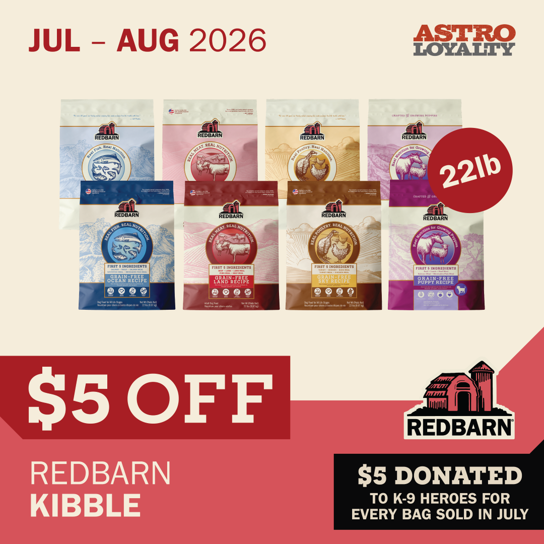 Redbarn Dry Dog food has 5 animal protein ingredients and is available in both Grain Free or Whole Grain formulas.