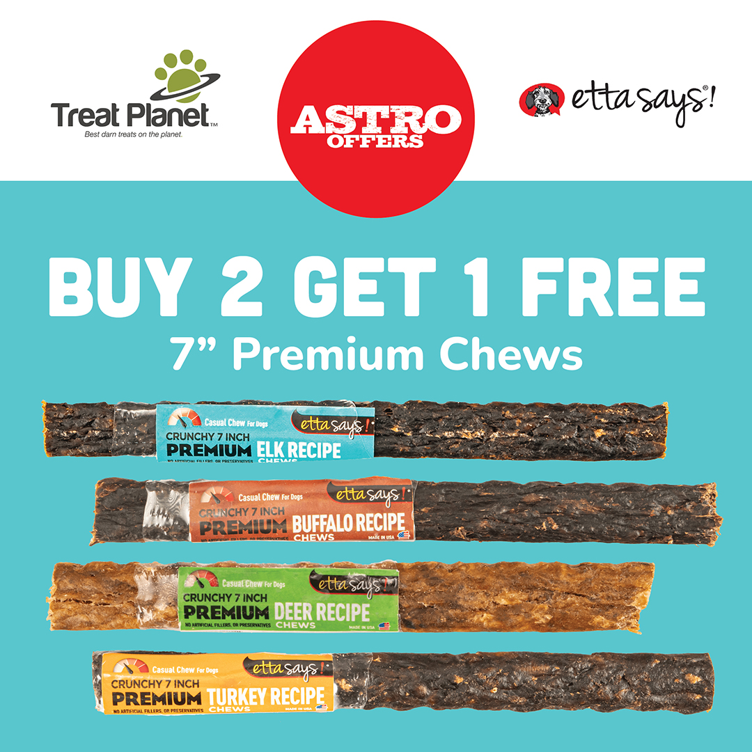 Etta Says! 7-inch Premium Chews are a unique mixture of rawhide and a protein formed in a tasty crunchy treat. These delicious treats have no odor, are high in protein and easy on the stomach!