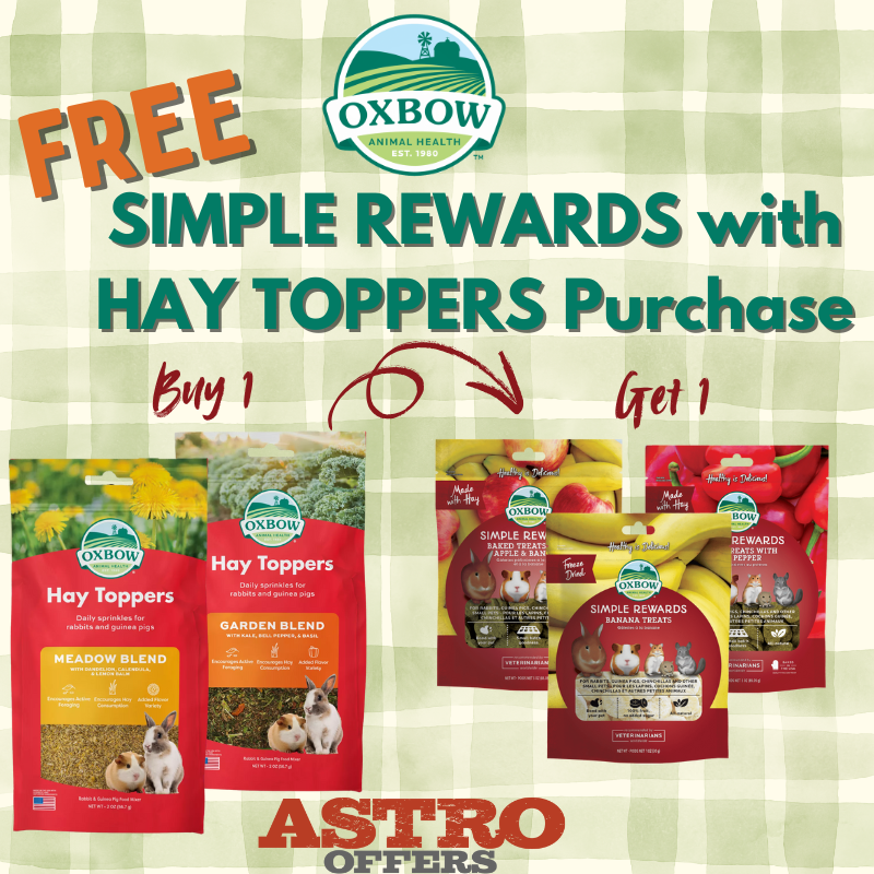 Oxbow Hay Toppers will encourage your small animal to consume enough fiber for each day. We put their favorite flavor and smells in each Hay Topper to give their hay irresistible with flavors.
