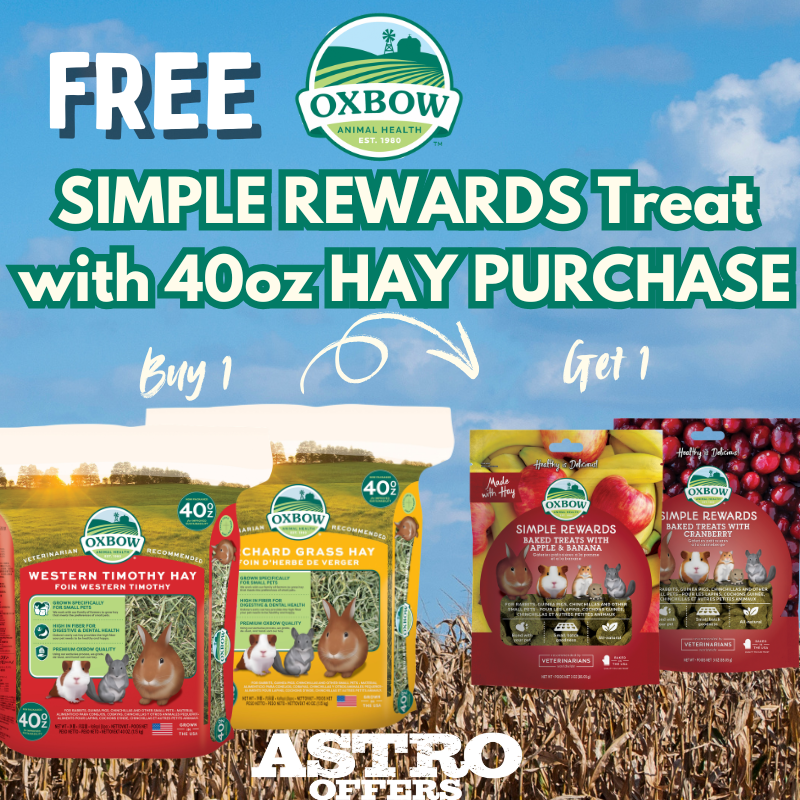 Oxbow hay is unsurpassed in its cleanliness for small animals, now with a purchase a 40oz bag you receive Oxbow Simple Rewards Treats equally as wonderful for your small animals