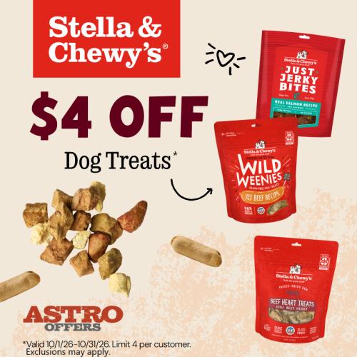 Make treat time extra rewarding! Save $4 on Stella & Chewy's craveable treats, made with quality ingredients and delicious flavors your dog will love.