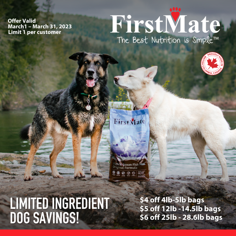 FirstMate Pet Foods | Dollars OFF Limited Ingredient Dog Food FirstMate uses just one meat protein and carbohydrate in our Limited Ingredient Diets. Great for rotational feeding and addressing allergies and diet restrictions. High Calorie and Made in Canada Offer Valid : 2023-03-01 to 2023-03-31