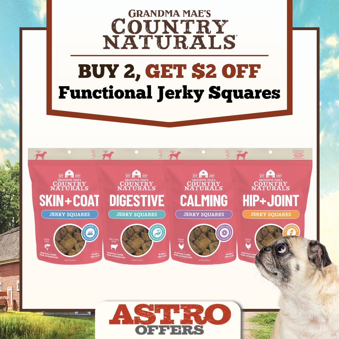 Grandma Mae's Country Naturals Functional Jerky Squares help support dogs where they need it the most. Available in Hip & Joint, Calming, Digestive, and Skin & Coat. 