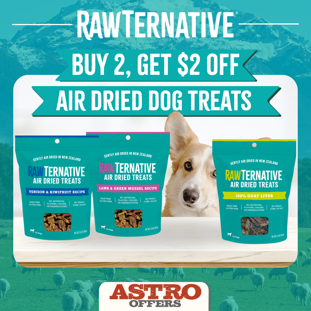 RawTernative Air-Dried Treats are gently air-dried in New Zealand to lock in nutrients and meaty texture. Available in 100% Goat Liver, Lamb & Green Mussel, and Venison & Kiwifruit.