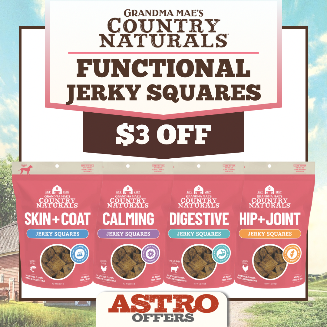 Grandma Mae's Country Naturals Functional Jerky Squares make great snacks and come in proteins dogs love. Plus, they offer a little support where dogs need it the most!