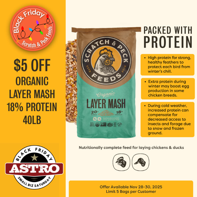 Scratch and Peck Feeds | Black Friday | $5.00 OFF 40lb Organic Layer Mash 18% for Chickens & Ducks