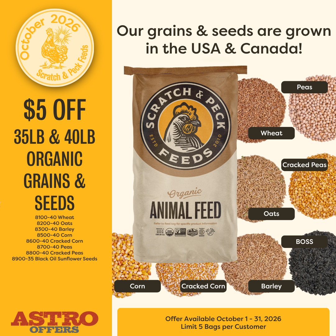 Wholesome grains and seeds? We've got the good stuff. Our 35-40lb bags of organic, non-GMO wheat, oats, barley, corn, cracked corn, peas, cracked peas, and BOSS are what your FARM-ily is craving!