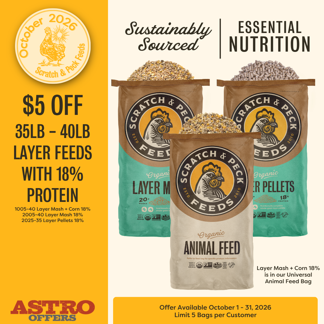 Cold weather's a-comin! Bolster your hens' winter diet and molt recovery with our 18% protein organic Layer Mash, Layer Mash + Corn, and Layer Pellets. 