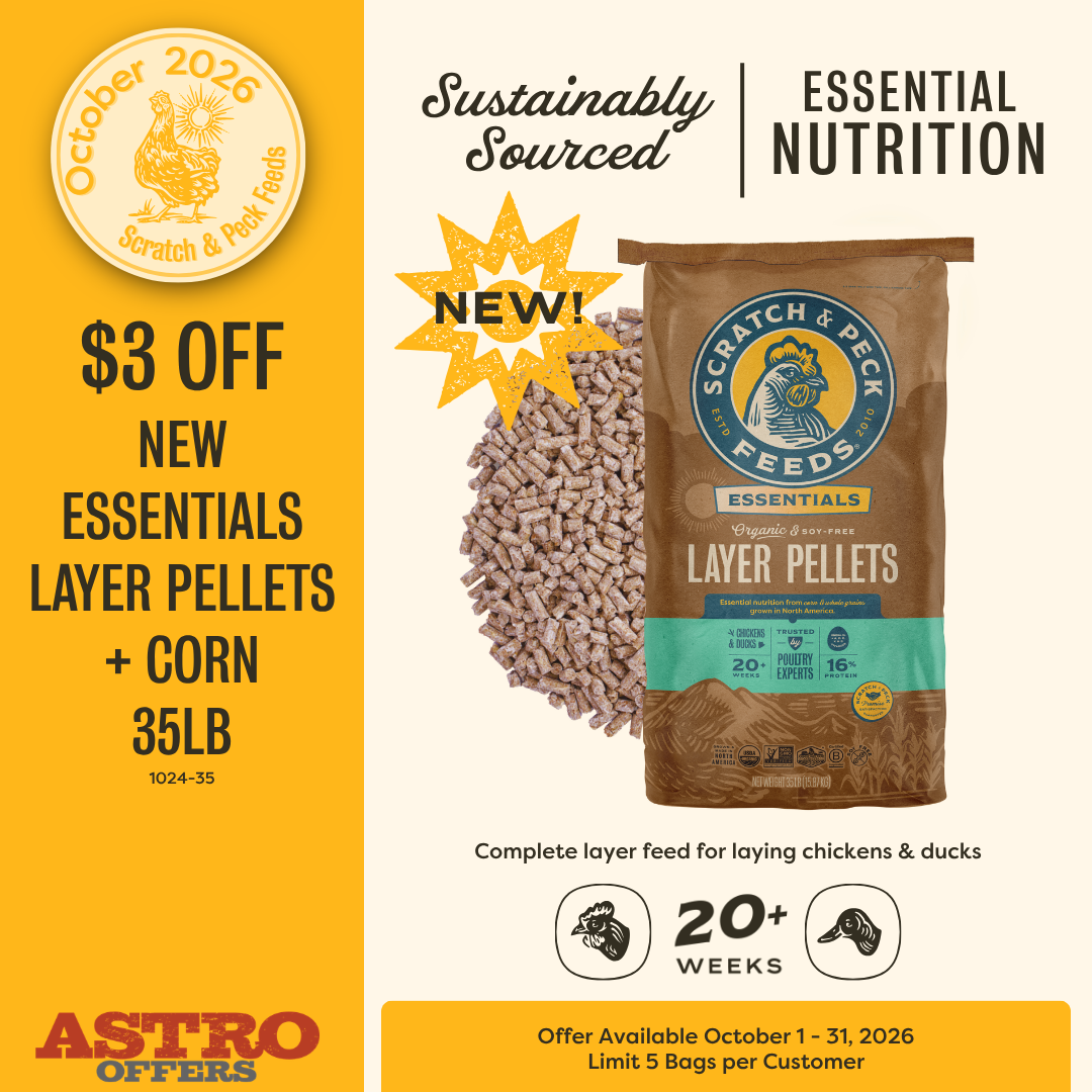 Essentials Layer Pellets + Corn has the same quality as our signature feeds, with Organic, Non-GMO Project Verified corn as the lead ingredient, making excellence affordable for more poultry owners.