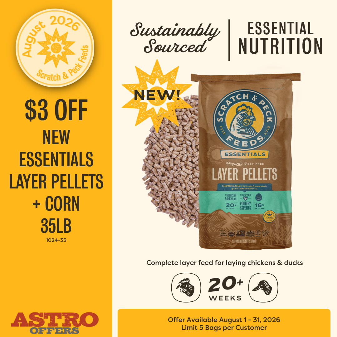 Essentials Layer Pellets + Corn has the same quality as our signature feeds, with Organic, Non-GMO Project Verified corn as the lead ingredient, making excellence affordable for more poultry owners.