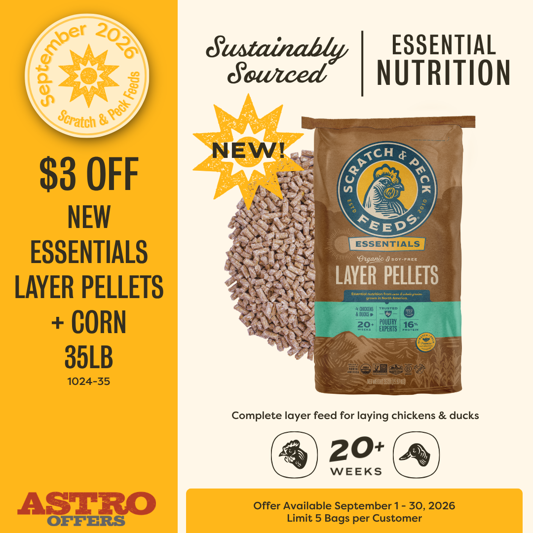 Essentials Layer Pellets + Corn has the same quality as our signature feeds, with Organic, Non-GMO Project Verified corn as the lead ingredient, making excellence affordable for more poultry owners.