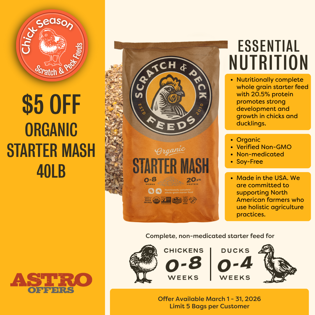 The littles in your flock deserve the best start in life. Count on Scratch & Pecks organic whole grain starter mash to provide them with complete, non-medicated nutrition.