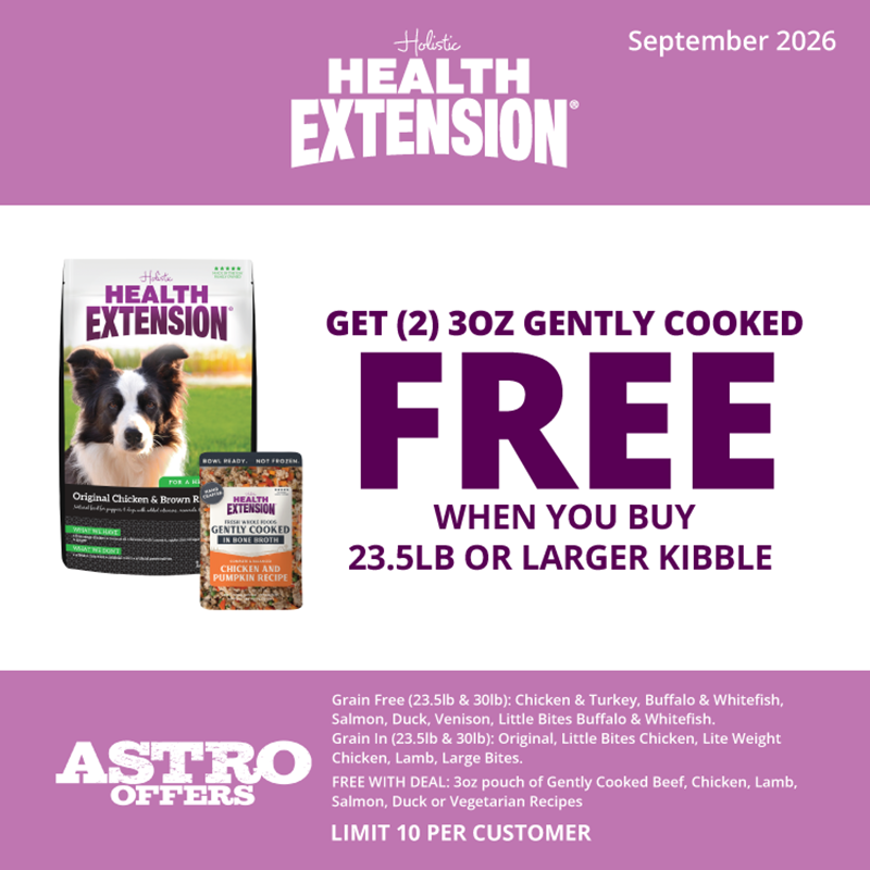 Health Extension kibble is made with fresh animal protein, leafy veggies, and antioxidant-rich berries. Ready to Serve Gently cooked pouches can be added for a boost of protein and to enhance mealtime