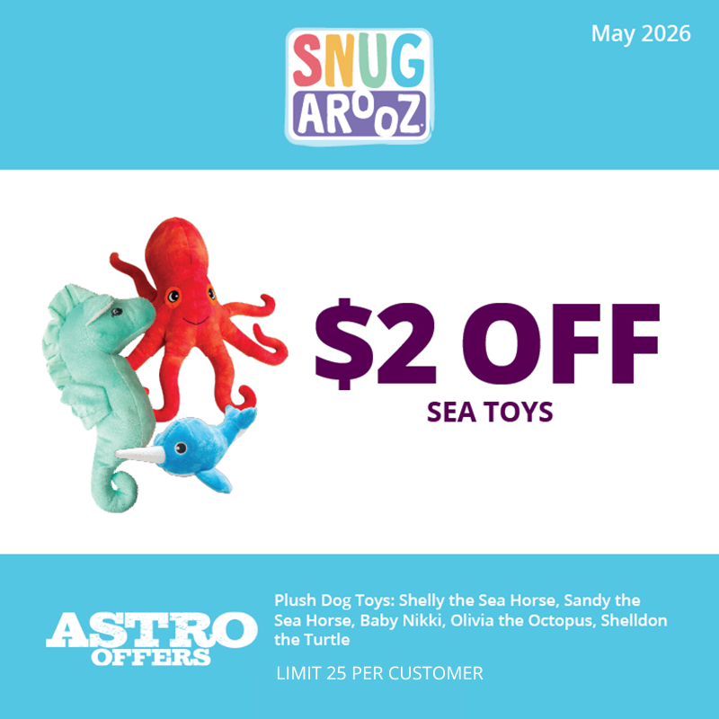 SnugArooz adorable plush sea toys are crafted to squeak and crinkle their way into every furry heart. All made from recycled water bottles. 