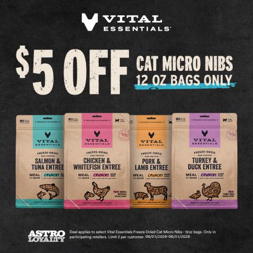 New Vital Essentials Micro Nibs are made for cats that love a crunchy bite - with a smaller, easy-to-chew size and 96% meat, organs & bone. Try a bag today and save!