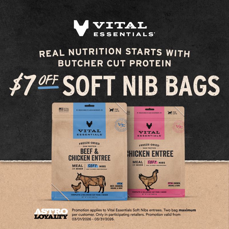 Elevate your cat's diet with more Premium Butcher Cut Protein and enjoy $7 off Vital Essentials 14oz Freeze-Dried Cat Soft Nibs.