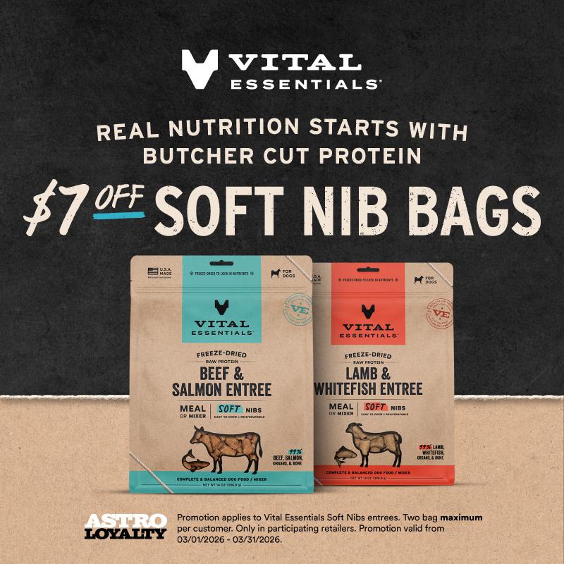 Elevate your dog's diet with more Premium Butcher Cut Protein and enjoy $7 off Vital Essentials 14oz Freeze-Dried Dog Soft Nibs.