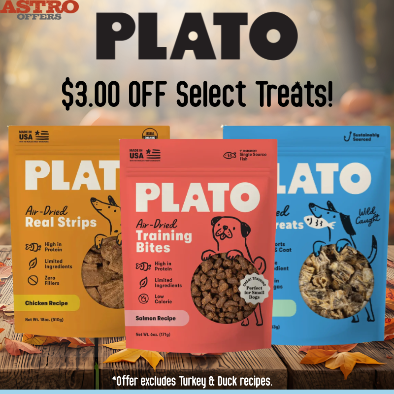 PLATO premium air-dried treats, great for training, rewards, or enrichment. Be sure to pick up your favorite treat this month, while all Plato items are on sale. 