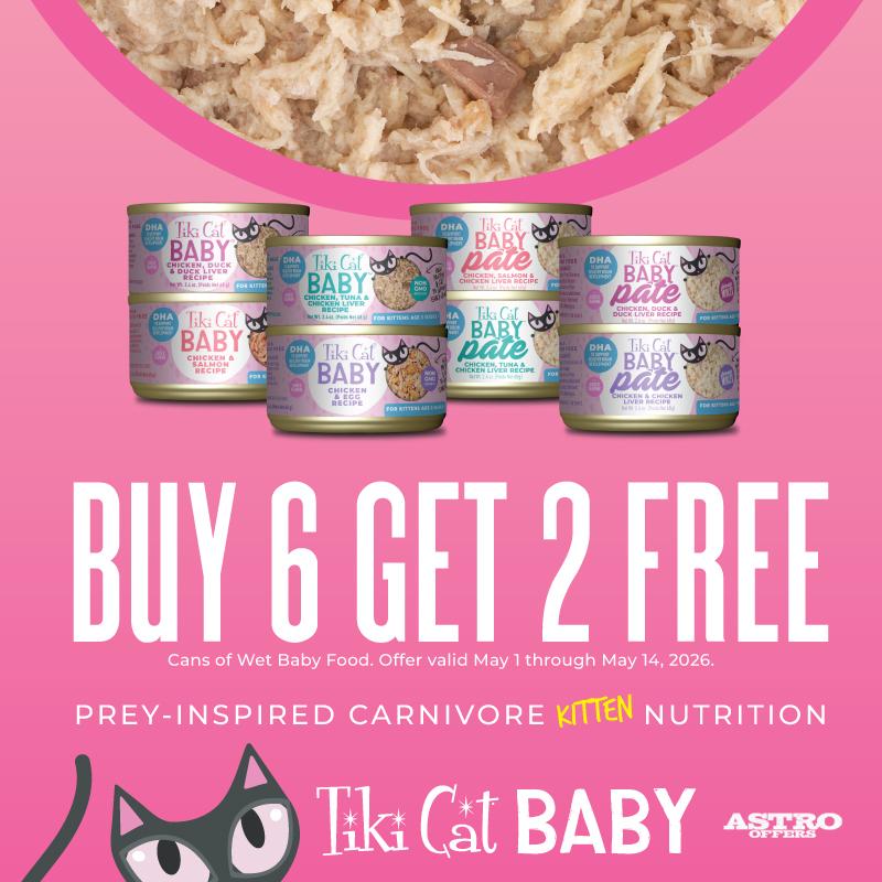 Baby them with the best nutrition! Tiki Baby gives kittens their best start, with high protein and fat to support early growth and DHA to promote healthy brain development, in soft, flavorful formulas