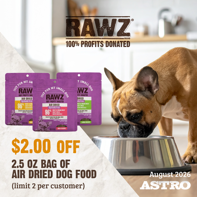 New Air Dried Recipes are: Synthetic Free and made from 96% Meat & Organ Meat, Goat's Milk and Green Mussels. 100% of profits from RAWZ are donated to causes that support pets & people.