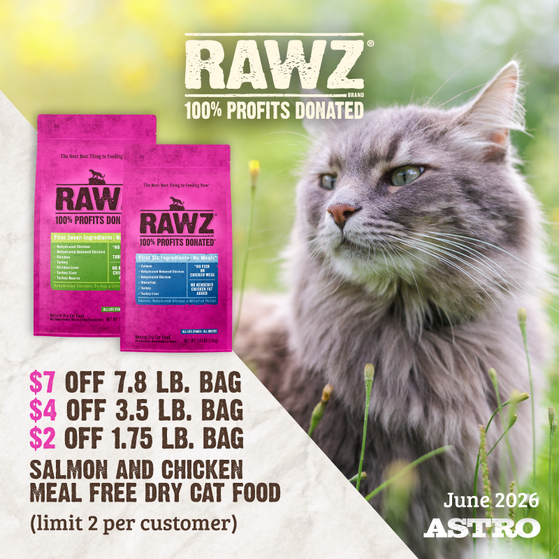 Meal free cat food with healthy levels of digestible protein and reduced carbohydrates. Gently cooked in smaller batches! 100% of profits from RAWZ are donated to support pets & people.