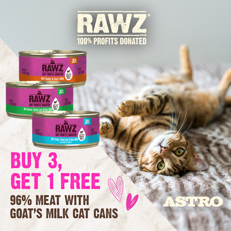 Goat's milk is an excellent source of protein & helps support digestion. It is also rich in biotin, good for skin & coat. 100% of profits from RAWZ are donated to causes that support pets & people.  