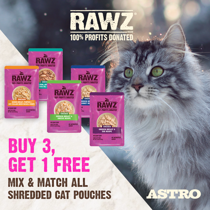 Meat or fish is the 1st ingredient in these delicious shredded recipes. 100% of profits from RAWZ are donated to causes that support pets & people.  