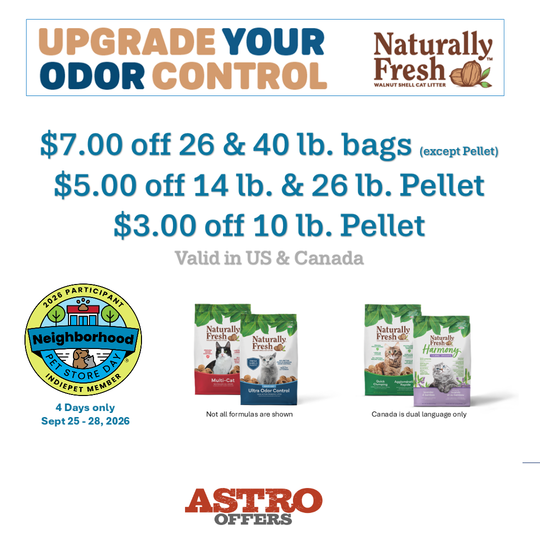 Naturally Fresh litter is happy to support  Neighborhood Pet Store Day with additional discounts on all our formulas and sizes. Walnut-shell litter neutralizes ammonia, addressing the  #1 complaint.
