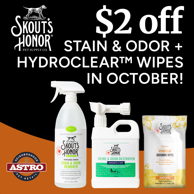 Skout's Honor's life-changing pet essentials include Probiotic Grooming & Wellness, plant-powered Stain & Odor solutions, Training Aids and Flea + Tick products. *A few select SKUs do not apply.
