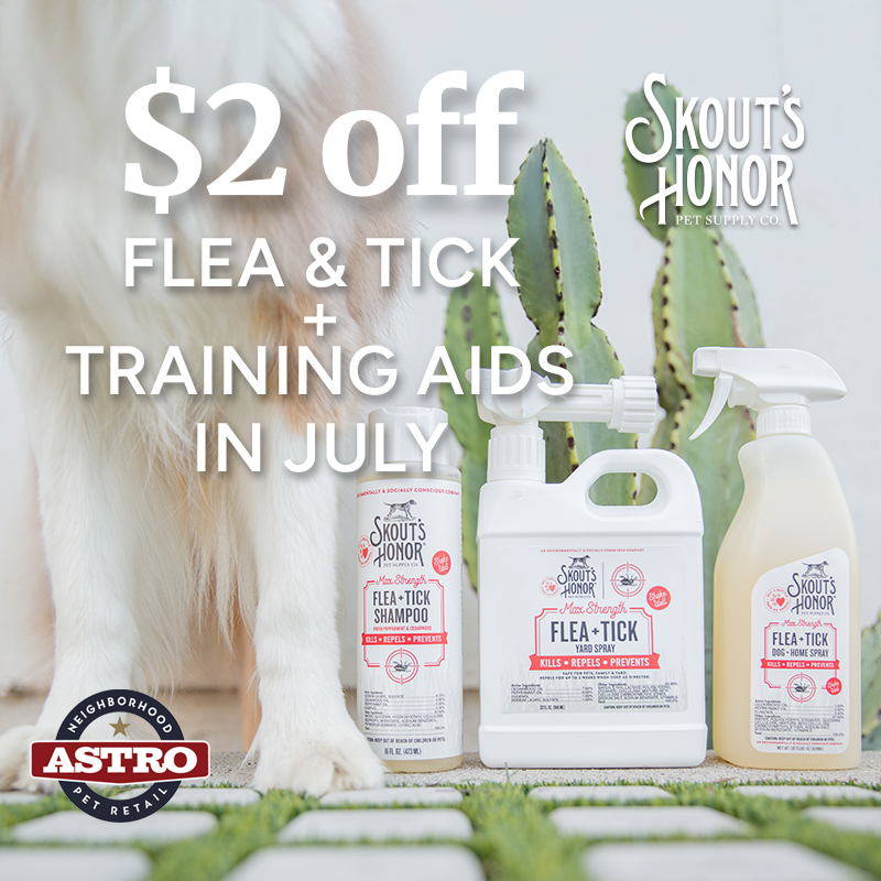Skout's Honor's life-changing pet essentials include Probiotic Grooming & Wellness, plant-powered Stain & Odor solutions, Training Aids and Flea + Tick products. 
